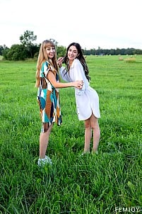 Arete and Bambi Blessed frolic naked outdoors, exposing their naughty bits