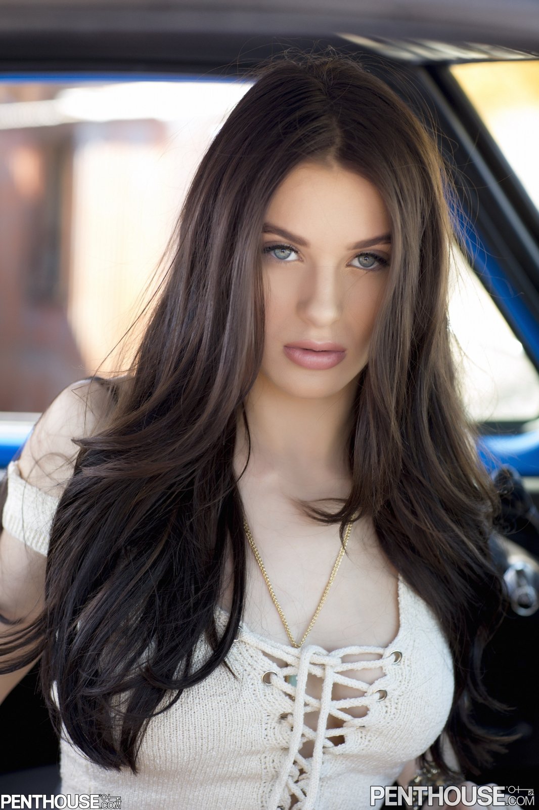 Lana Rhoades stripping during roadtrip